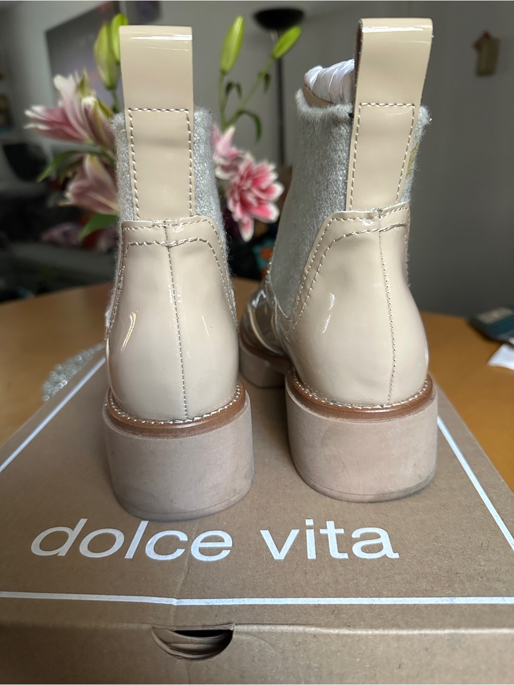 SUPER comfy Dolce Vita Patent & Knit Platform Ankle Boots - Picture 3 of 8